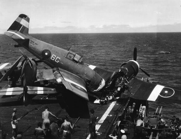 Fleet Air Arm 809NAS Grumman Hellcat II 6G JW723 accident on HMS Ameer in the Far east 1945 01