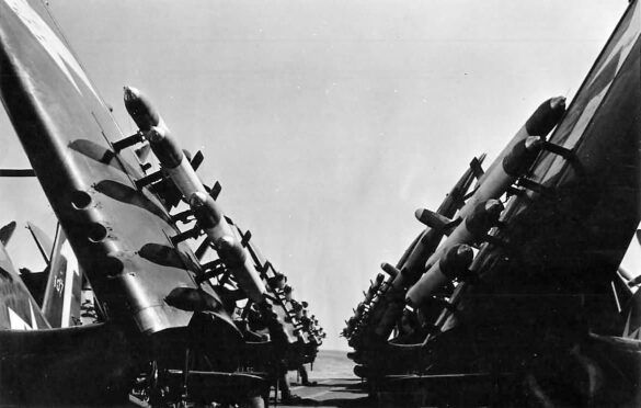 Rocket Loaded Wings of Vought F4U 1D Corsairs aboard Aircraft Carrier USS Bunker Hill 1945
