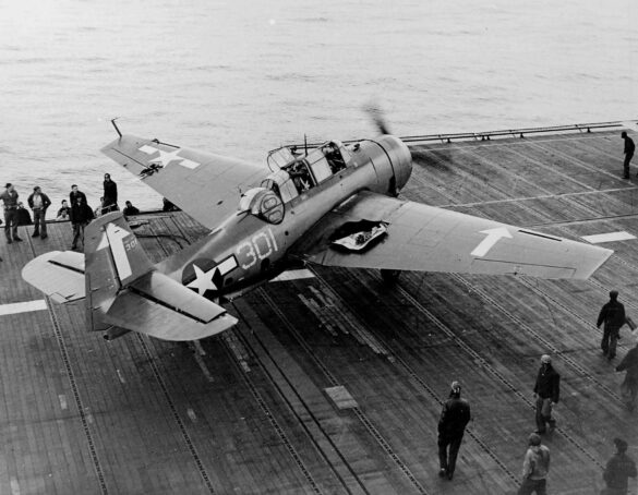 TBM of VT 84 after it landed aboard the carrier Bunker Hill February 19 1945