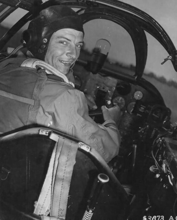 Lt Herman E Ernst pilot of the 9th AF P 61 Borrowed Time in the cockpit