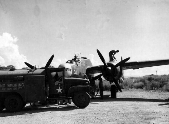 P 61A 42 5505 of the 419th Night Fighter Squadron on Guadalcanal is refueled for another mission June 1944