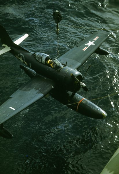 Curtiss SC 1 Seahawk is craned aboard USS Manchester CL 83 circa in 1947
