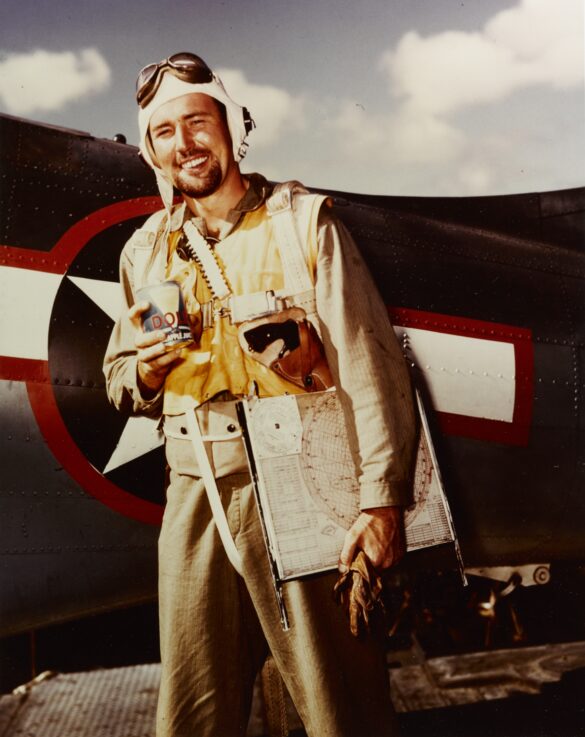 “US Navy pilot wearing G‑1 leather flight jacket, WWII Pacific”