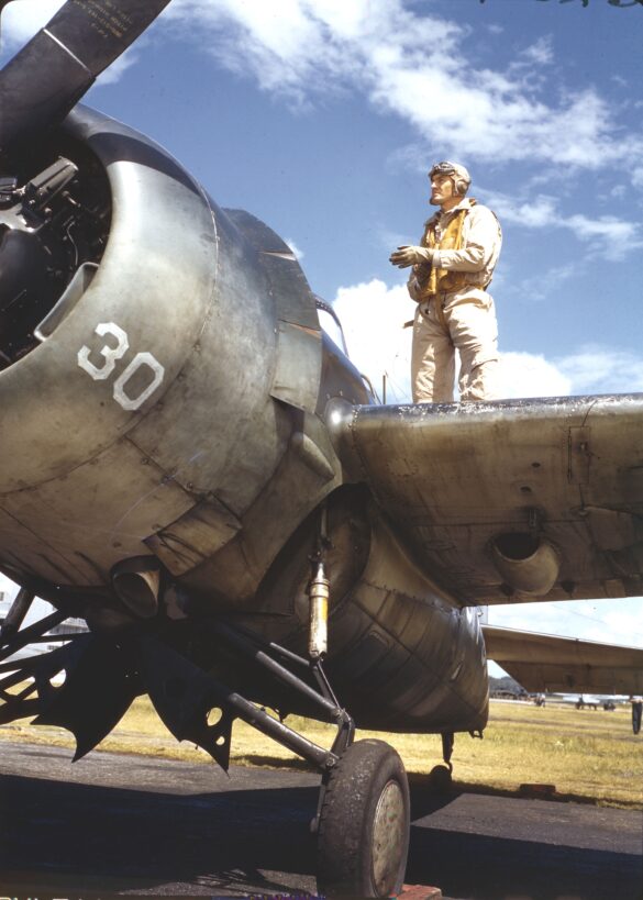 “US Navy pilot wearing G‑1 leather flight jacket, WWII Pacific”