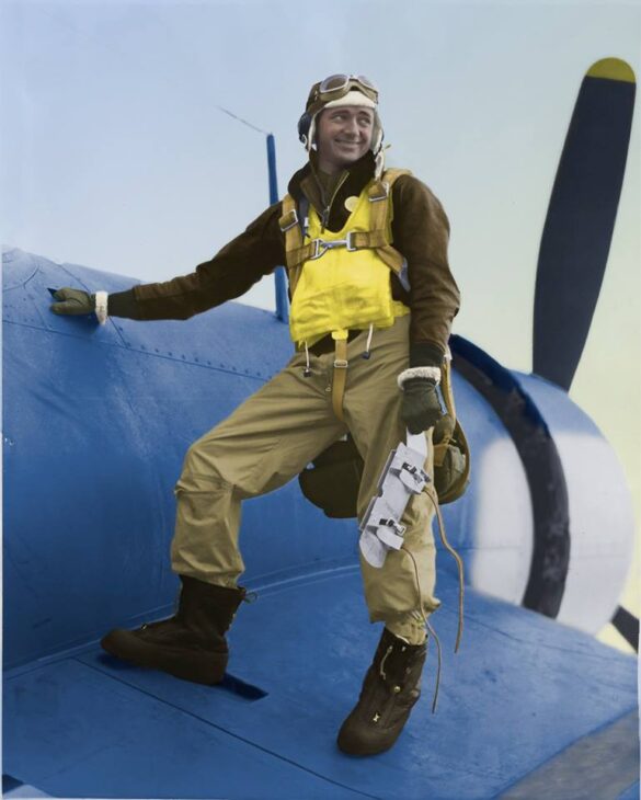 “US Navy pilot wearing G‑1 leather flight jacket, WWII Pacific”