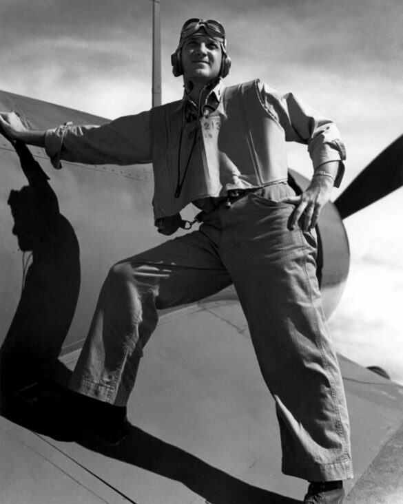 “US Navy pilot wearing G‑1 leather flight jacket, WWII Pacific”