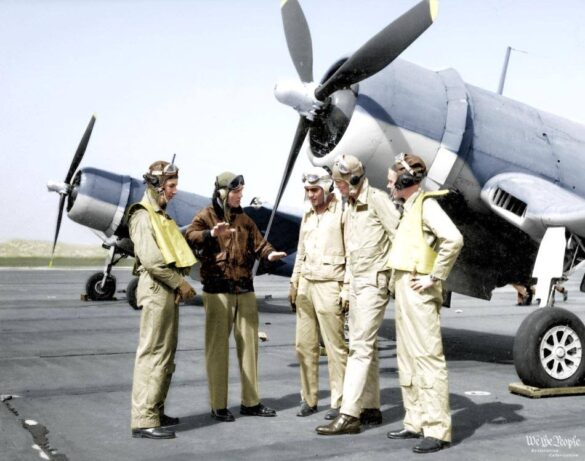 “US Navy pilot wearing G‑1 leather flight jacket, WWII Pacific”