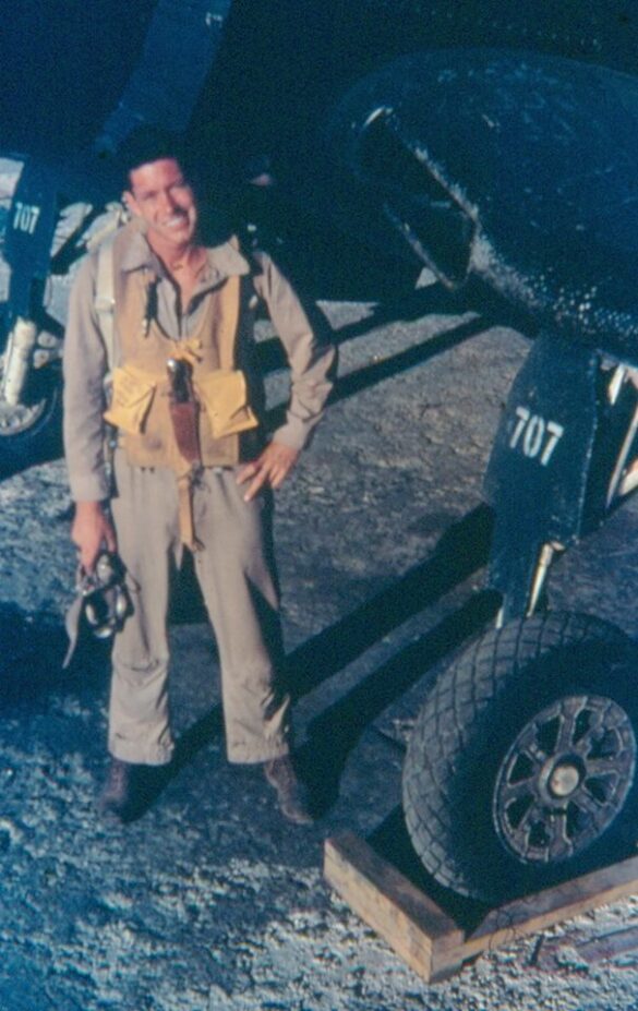 “US Navy pilot wearing G‑1 leather flight jacket, WWII Pacific”