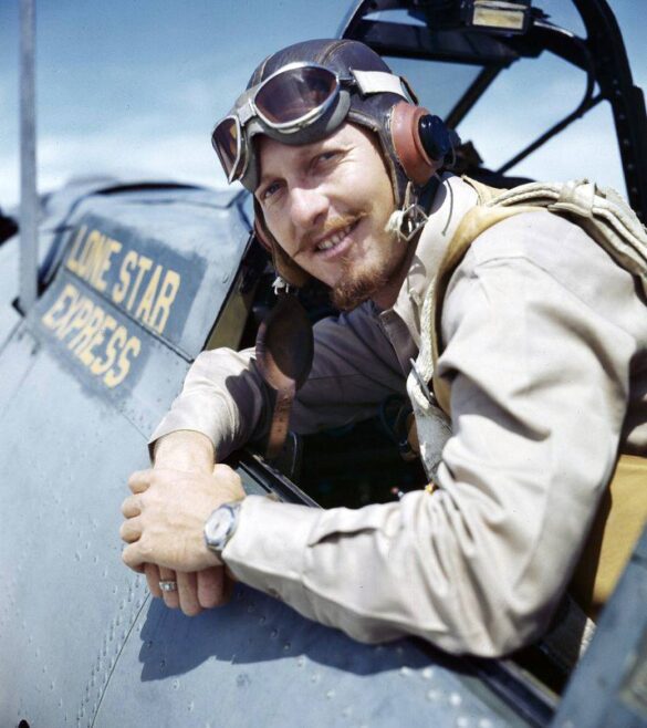 “US Navy pilot wearing G‑1 leather flight jacket, WWII Pacific”