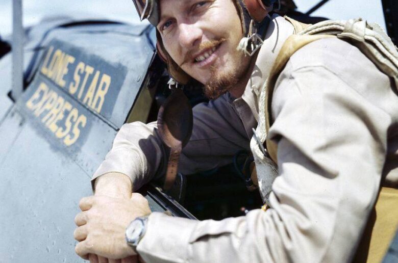 “US Navy pilot wearing G‑1 leather flight jacket, WWII Pacific”
