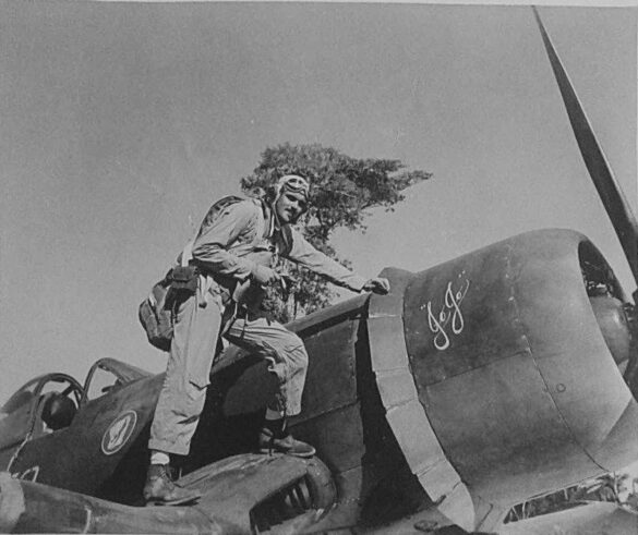 “US Navy pilot wearing G‑1 leather flight jacket, WWII Pacific”
