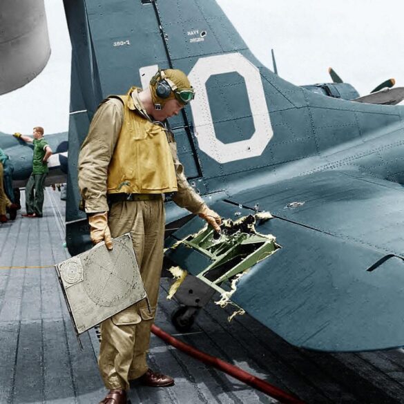 “US Navy pilot wearing G‑1 leather flight jacket, WWII Pacific”