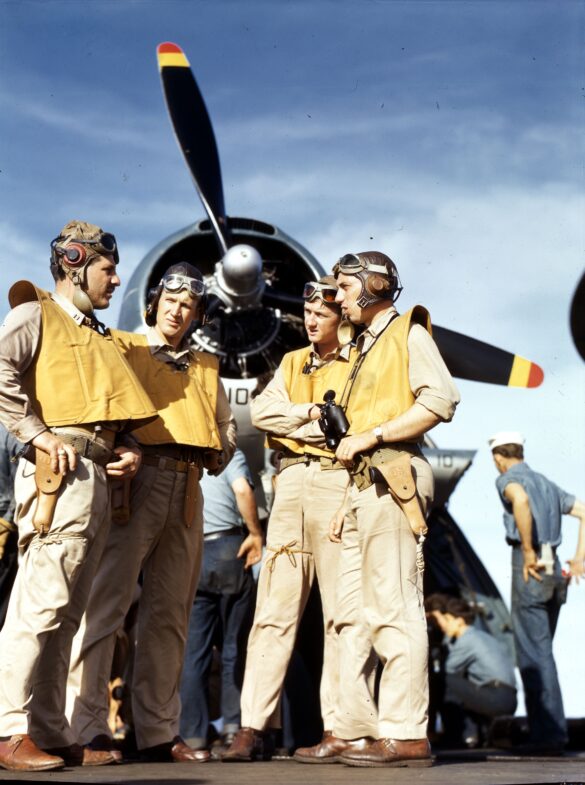 “US Navy pilot wearing G‑1 leather flight jacket, WWII Pacific”