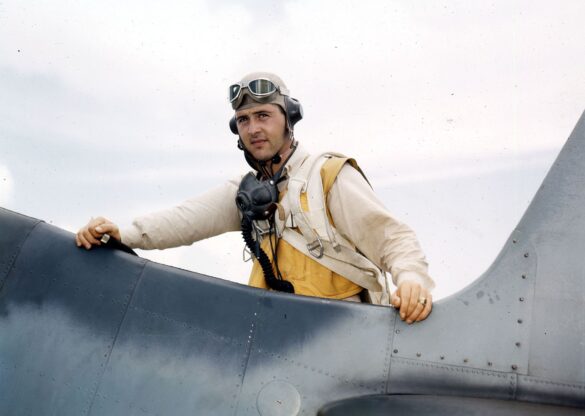 “US Navy pilot wearing G‑1 leather flight jacket, WWII Pacific”