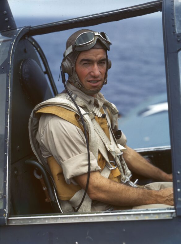 “US Navy pilot wearing G‑1 leather flight jacket, WWII Pacific”