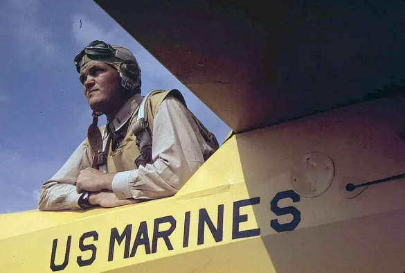 “US Navy pilot wearing G‑1 leather flight jacket, WWII Pacific”