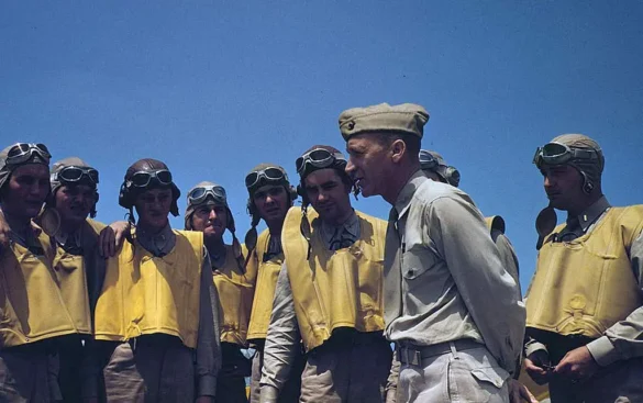 “US Navy pilot wearing G‑1 leather flight jacket, WWII Pacific”