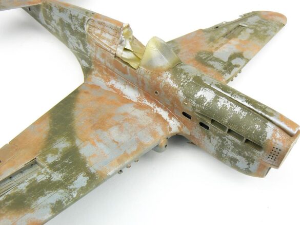 1/48 P-40M RNZAF scale model with open panels and detailed interior, expertly weathered to represent a derelict aircraft.”