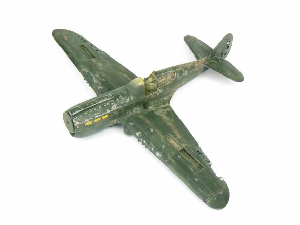 1/48 P-40M RNZAF scale model with open panels and detailed interior, expertly weathered to represent a derelict aircraft.”