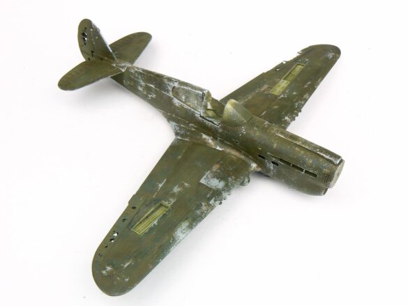 1/48 P-40M RNZAF scale model with open panels and detailed interior, expertly weathered to represent a derelict aircraft.”