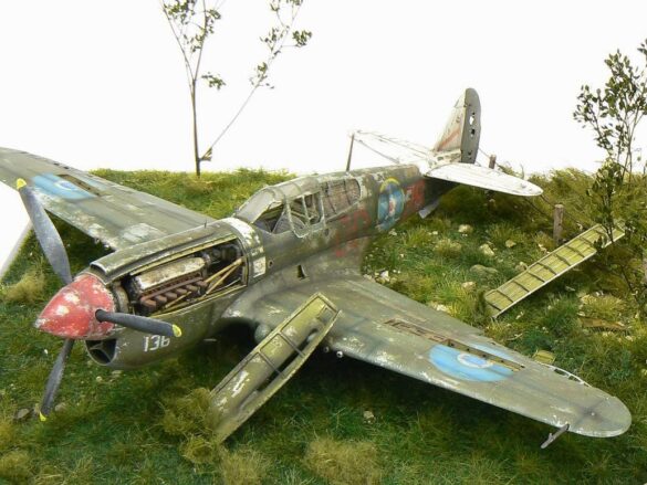 1/48 P-40M RNZAF scale model with open panels and detailed interior, expertly weathered to represent a derelict aircraft.”
