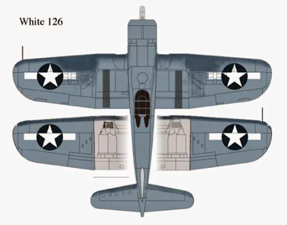 "Heavily weathered underside of F4U-1 Corsair 126 with realistic oil and dust effects simulating coral strip operations".