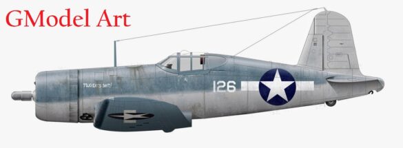 "Heavily weathered underside of F4U-1 Corsair 126 with realistic oil and dust effects simulating coral strip operations".