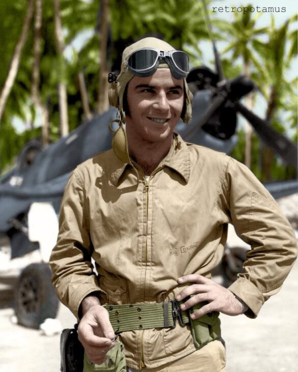 “US Navy pilot wearing G‑1 leather flight jacket, WWII Pacific”