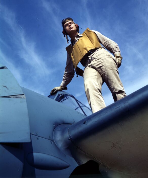 “US Navy pilot wearing G‑1 leather flight jacket, WWII Pacific”