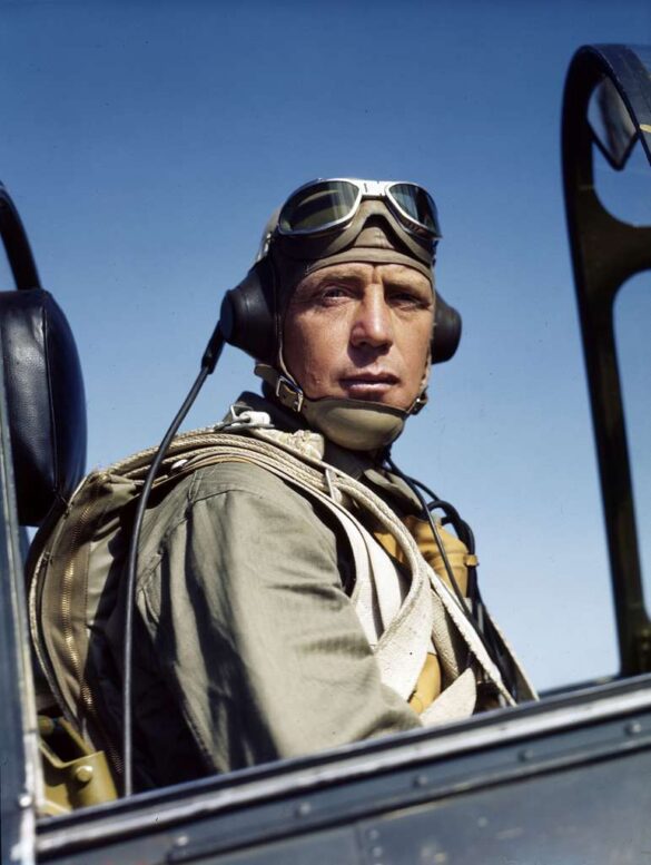 “US Navy pilot wearing G‑1 leather flight jacket, WWII Pacific”