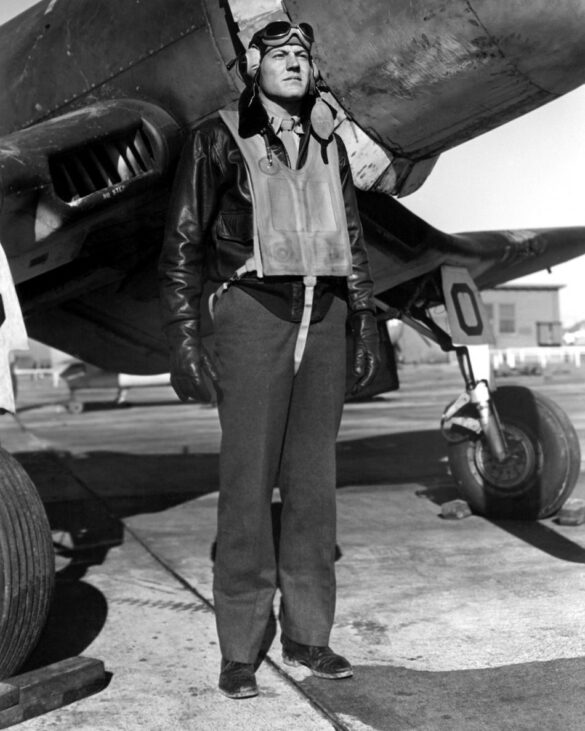 “US Navy pilot wearing G‑1 leather flight jacket, WWII Pacific”