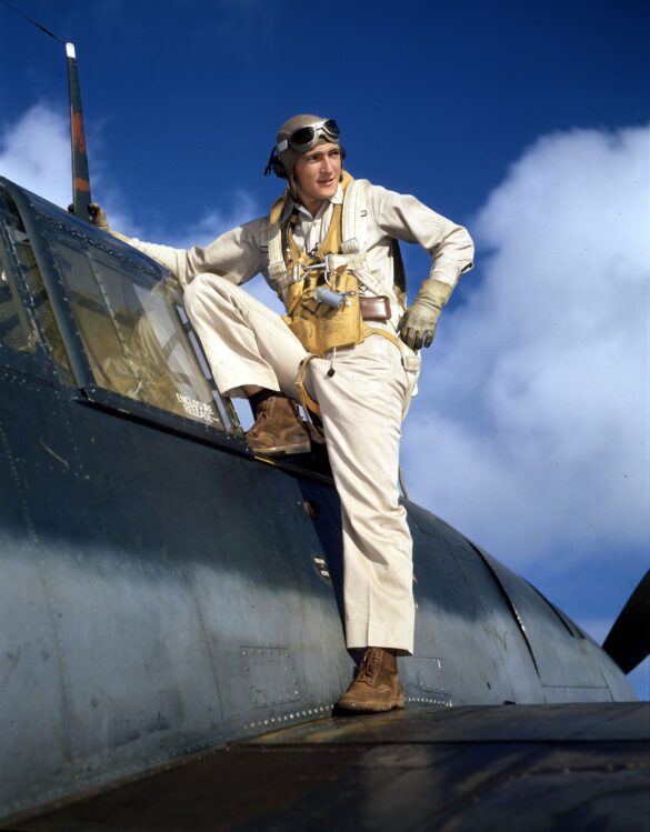 “US Navy pilot wearing G‑1 leather flight jacket, WWII Pacific”