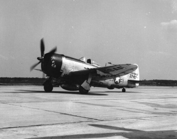 Republic P-47N Thunderbolt with natural metal finish and 318th Fighter Group Pacific insignia