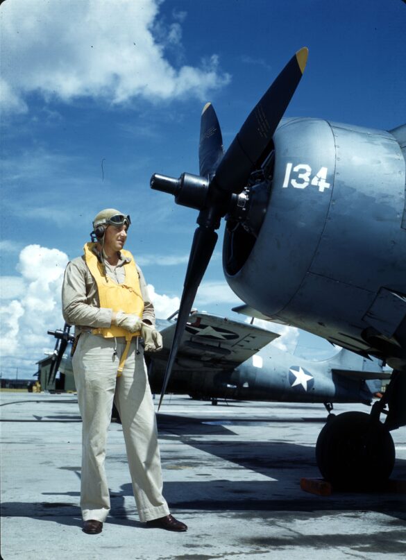 “US Navy pilot wearing G‑1 leather flight jacket, WWII Pacific”