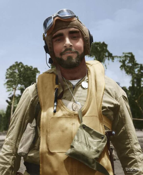 “US Navy pilot wearing G‑1 leather flight jacket, WWII Pacific”