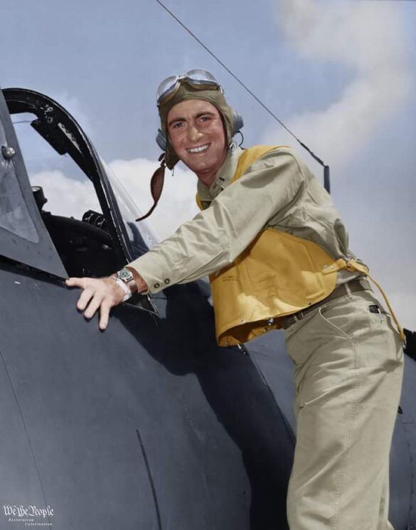“US Navy pilot wearing G‑1 leather flight jacket, WWII Pacific”