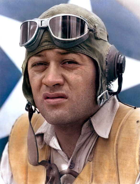 “US Navy pilot wearing G‑1 leather flight jacket, WWII Pacific”