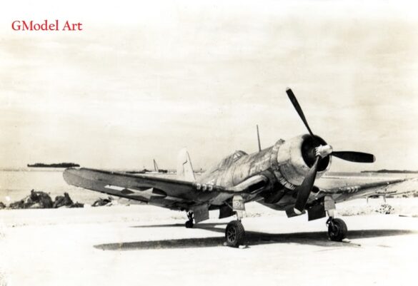 "Heavily weathered underside of F4U-1 Corsair 126 with realistic oil and dust effects simulating coral strip operations".
