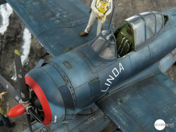 Close-up of the Curtiss SC-1 Seahawk cockpit built by GModel Art, showing resin parts and detailed paintwork.