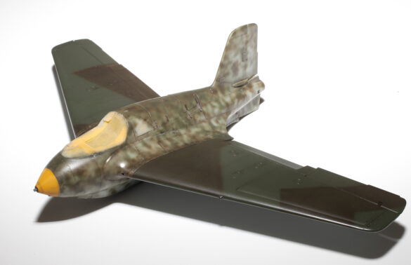 Final painted model of Messerschmitt Me 163 Komet of the JG400 series with RLM 76, 81, 83 and subtle aging