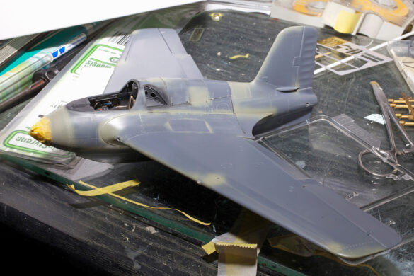 Final painted model of Messerschmitt Me 163 Komet of the JG400 series with RLM 76, 81, 83 and subtle aging
