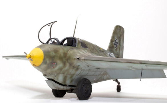 Final painted model of Messerschmitt Me 163 Komet of the JG400 series with RLM 76, 81, 83 and subtle aging