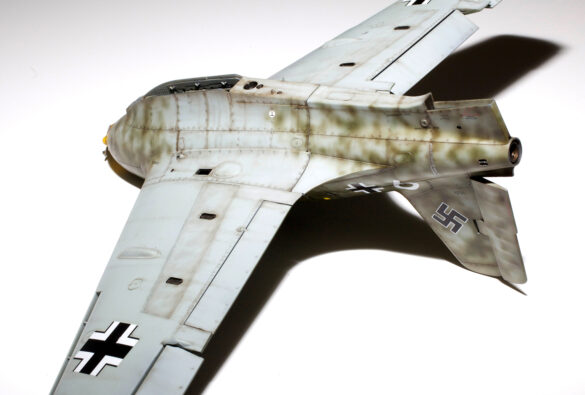 Final painted model of Messerschmitt Me 163 Komet of the JG400 series with RLM 76, 81, 83 and subtle aging