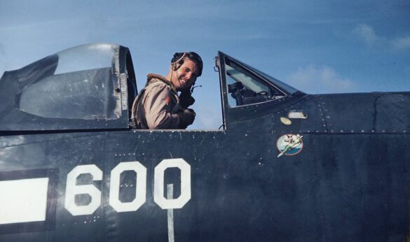 “US Navy pilot wearing G‑1 leather flight jacket, WWII Pacific”