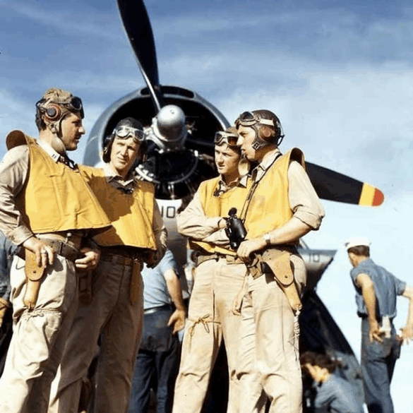 “US Navy pilot wearing G‑1 leather flight jacket, WWII Pacific”