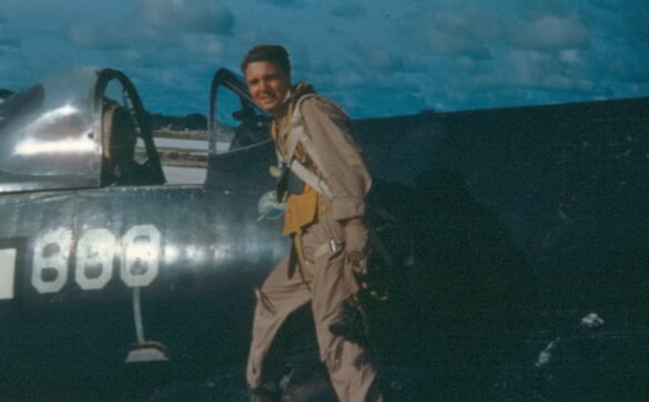 “US Navy pilot wearing G‑1 leather flight jacket, WWII Pacific”
