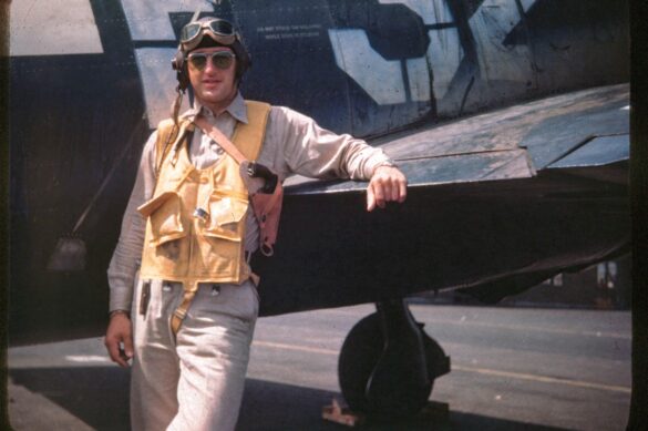 “US Navy pilot wearing G‑1 leather flight jacket, WWII Pacific”