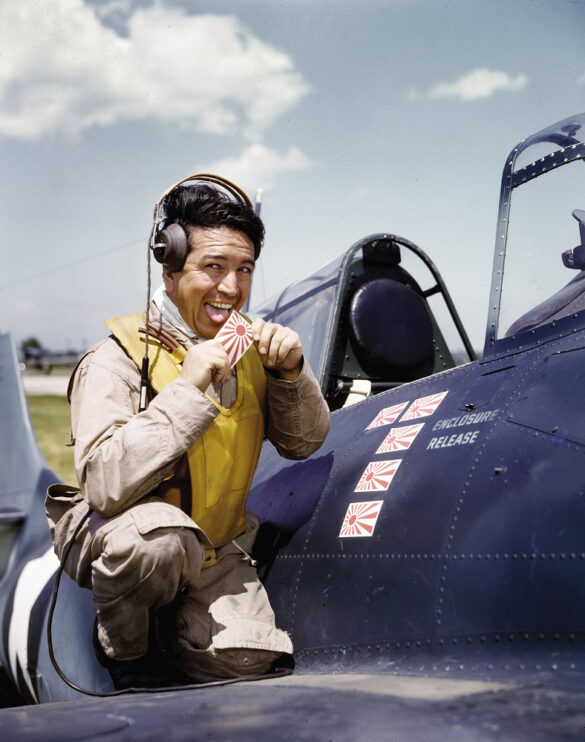 “US Navy pilot wearing G‑1 leather flight jacket, WWII Pacific”
