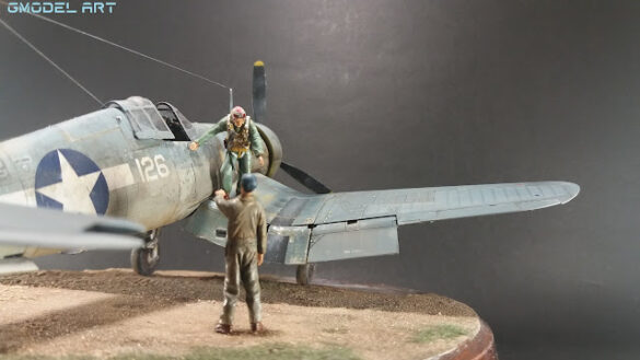 "Heavily weathered underside of F4U-1 Corsair 126 with realistic oil and dust effects simulating coral strip operations".