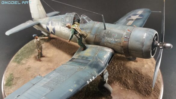 "Heavily weathered underside of F4U-1 Corsair 126 with realistic oil and dust effects simulating coral strip operations".